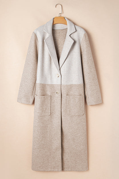 Khaki Plus Size Colorblock Lapel Collar Long Coat