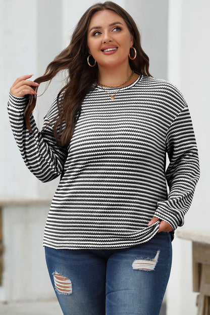 Rose Stripe Round Neck Drop Shoulder Long Sleeve Top