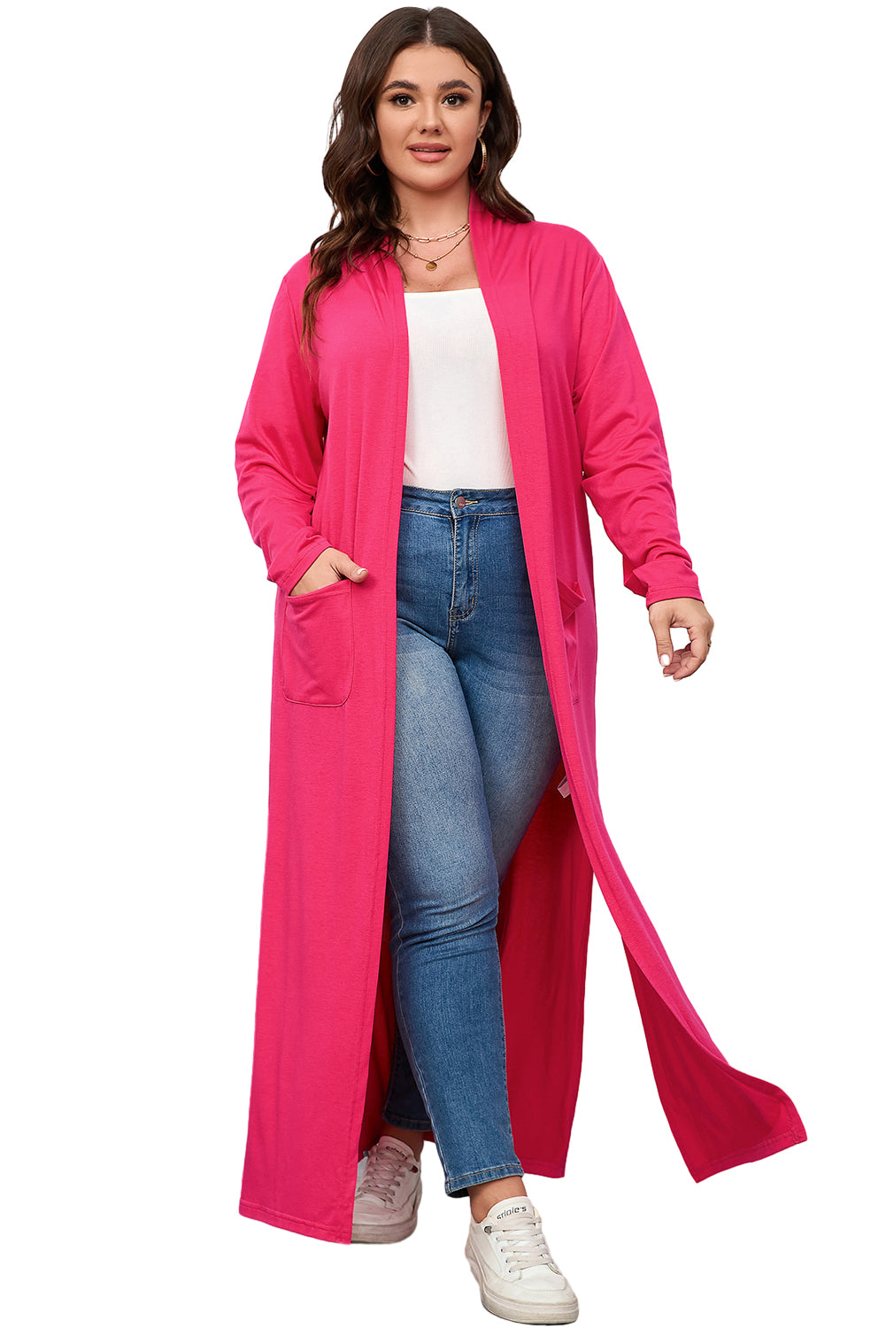 Strawberry Pink Plus Size Side Split Pockets Duster Cardigan