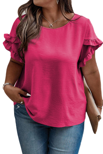 Bright Pink Ruffled Short Sleeve Plus Size Top