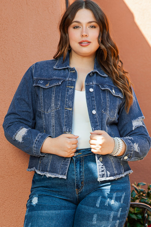 Dark Blue Plus Size Distressed Flap Pocket Denim Jacket