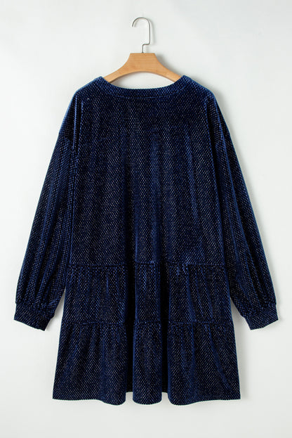 Navy Blue Plus Size Textured Velvet Tiered Button V Neck Dress