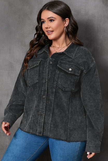 Gray Plus Size Flap Pocket Raw Edge Corduroy Jacket