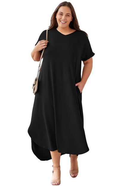 Green Plus Size V Neck Rolled Cuffs Maxi Dress