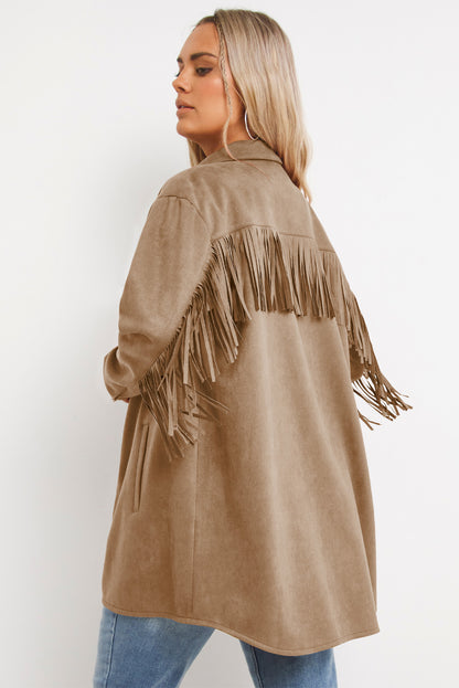 Khaki Fringe Trim Plus Size Suede Shacket