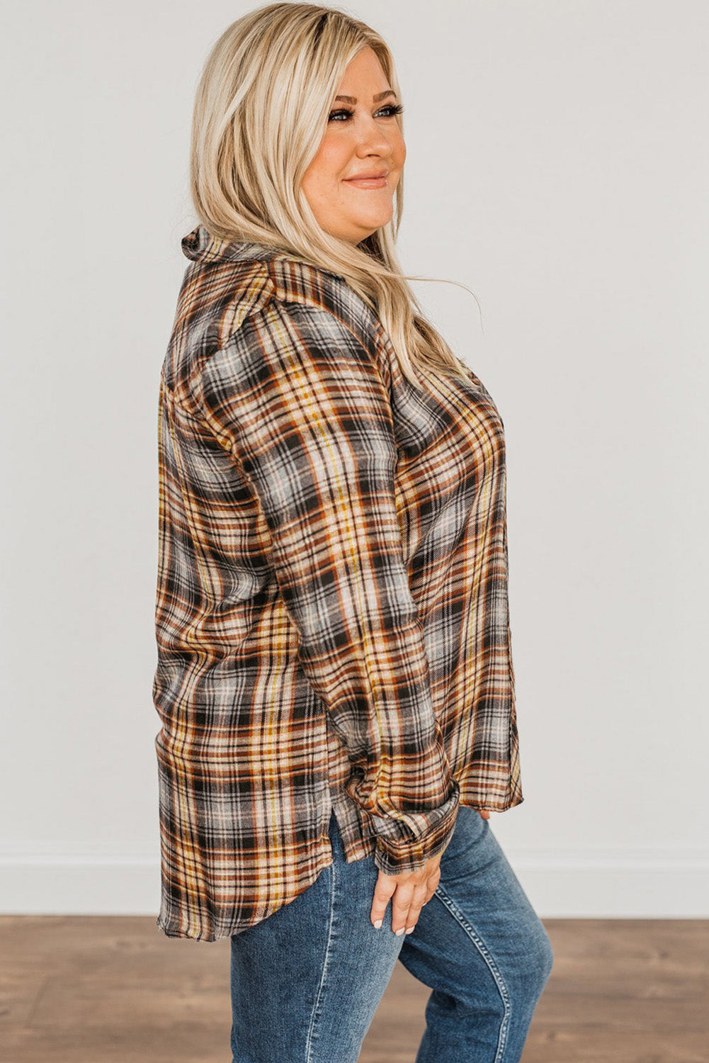 Apricot Plaid Print Button Long Sleeve Plus Size Shirt Coat