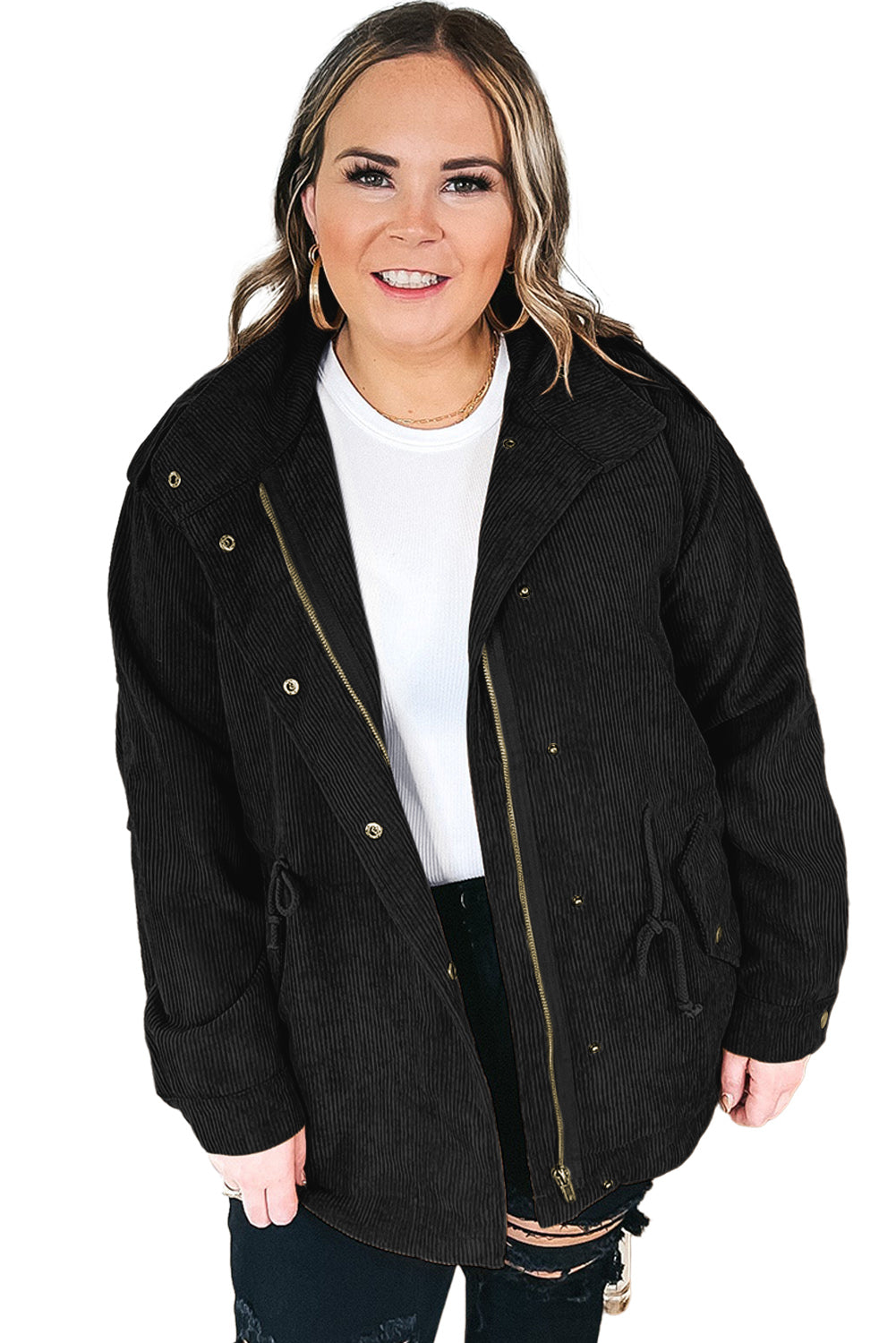 Green Plus Size Button Zipped Corduroy Jacket