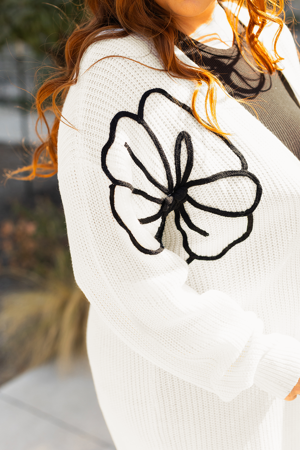 Black Flower Embroidered Drop Shoulder Open Front Duster Cardigan