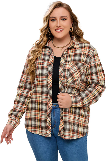 Apricot Plaid Print Button Long Sleeve Plus Size Shirt Coat