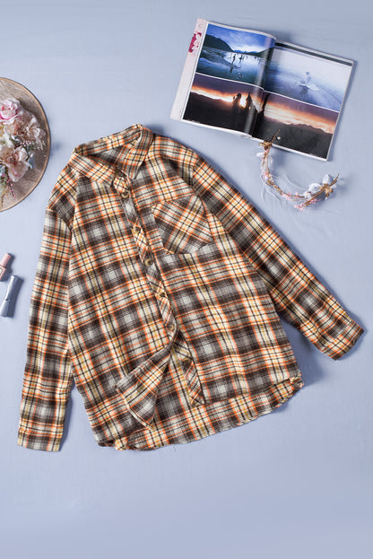 Apricot Plaid Print Button Long Sleeve Plus Size Shirt Coat