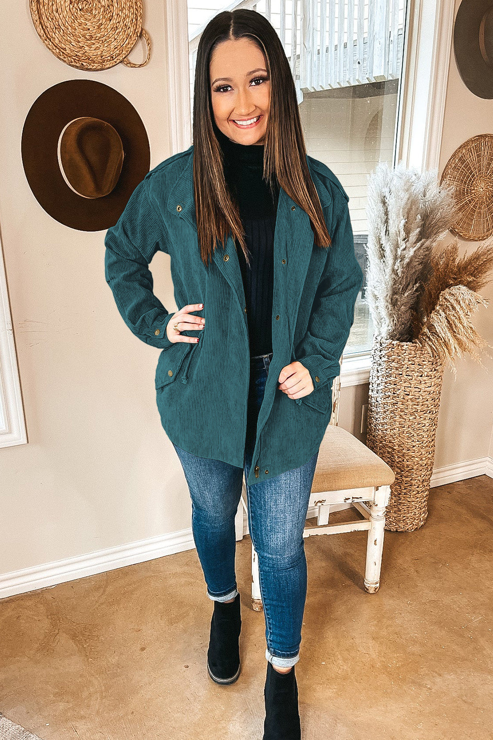 Green Plus Size Button Zipped Corduroy Jacket