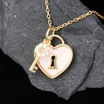 Heart Lock and Key Mother of Pearl Necklace Valentines Gift Heart Lock Pendant Key Pendant Dainty Necklace Mother Day Gift - UE Fashion